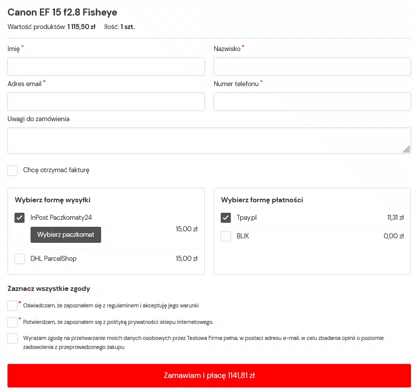 Formularz zakupu poprzez opcję Kup teraz